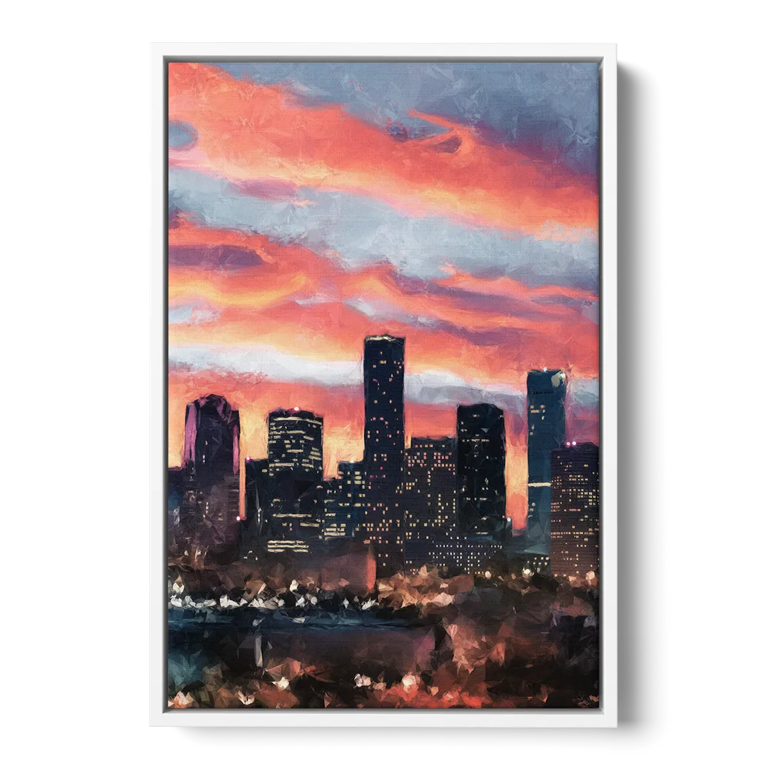 Houston Sunset Skyline Front - White Canvas Wall Art