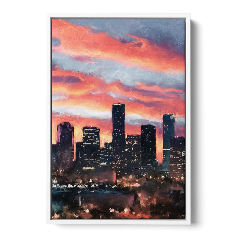 Houston Sunset Skyline Front - White Canvas Wall Art