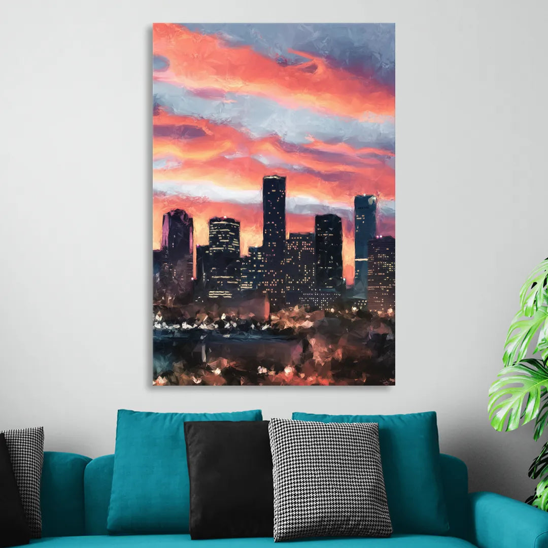 Houston Sunset Skyline Living Room - Canvas Wall Art