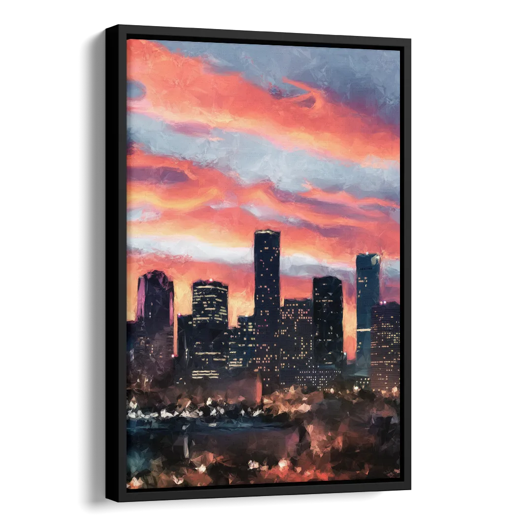 Houston Sunset Skyline Side - Black Canvas Wall Art