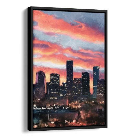 Houston Sunset Skyline Side - Black Canvas Wall Art