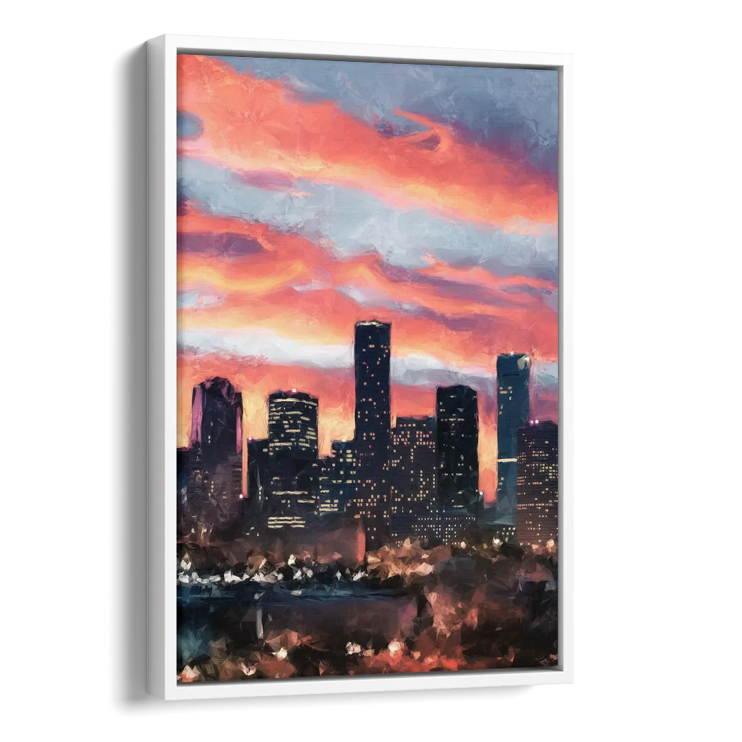 Houston Sunset Skyline Side - White Canvas Wall Art