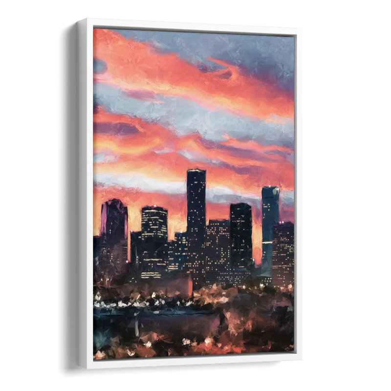 Houston Sunset Skyline Side - White Canvas Wall Art