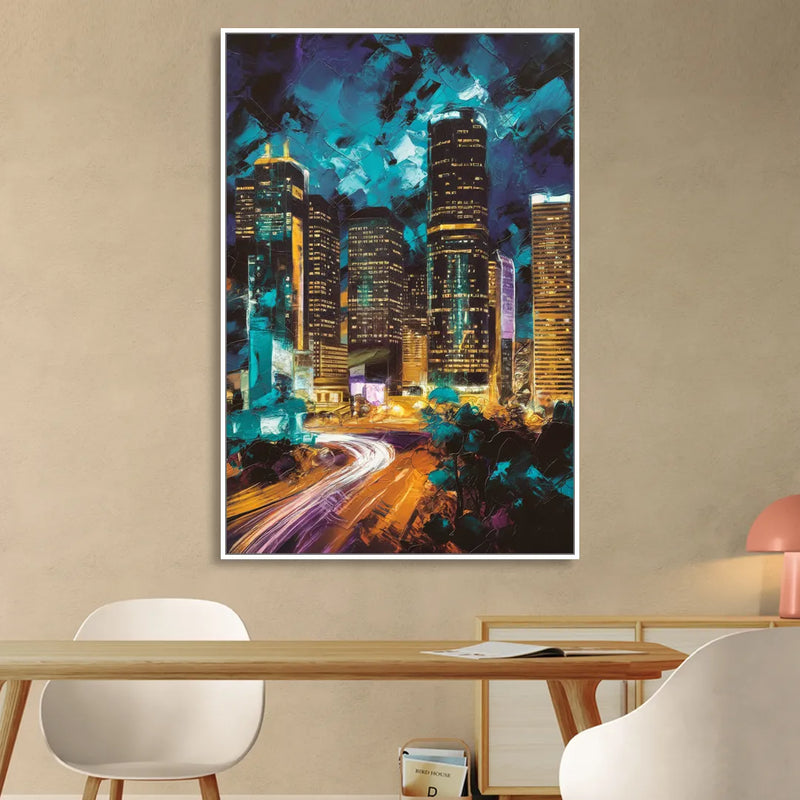 Houston Urban Nights Sitting Room - White Canvas Wall Art