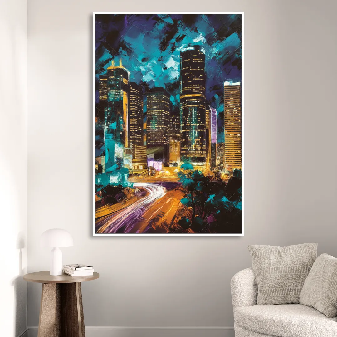 Houston Urban Nights Living Room - White Canvas Wall Art