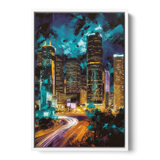 Houston Urban Nights - White Framed Canvas Wall Art - Front