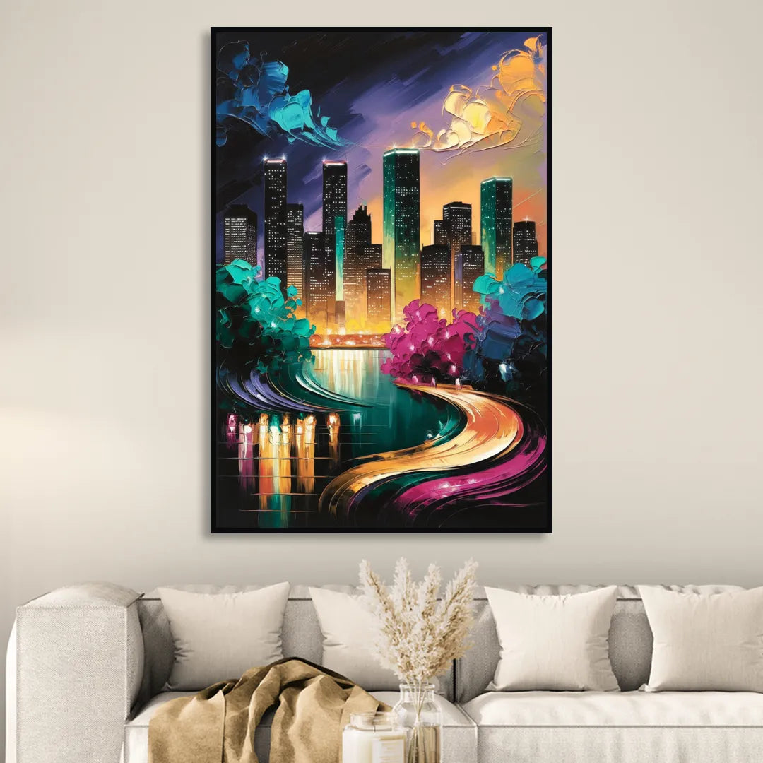 Houston Vibrant Nights Sitting Room - Black Canvas Wall Art