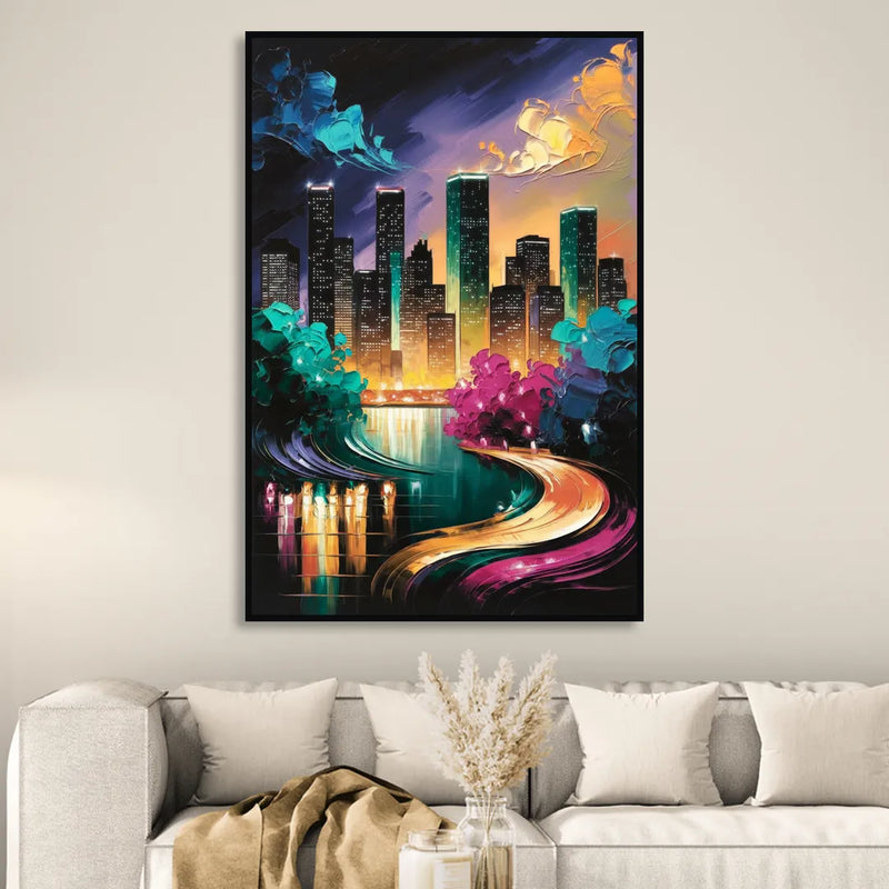 Houston Vibrant Nights Sitting Room - Black Canvas Wall Art