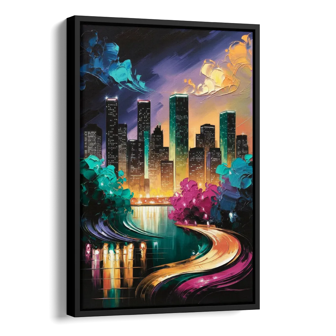 Houston Vibrant Nights Side - Black Canvas Wall Art