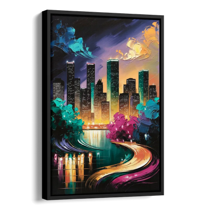 Houston Vibrant Nights Side - Black Canvas Wall Art