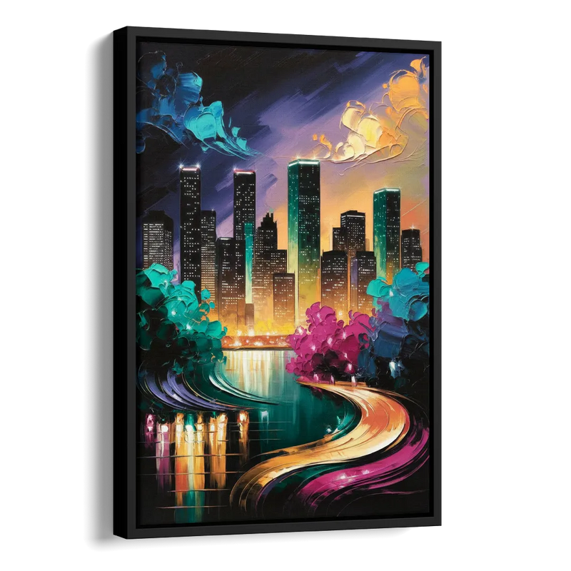 Houston Vibrant Nights Side - Black Canvas Wall Art