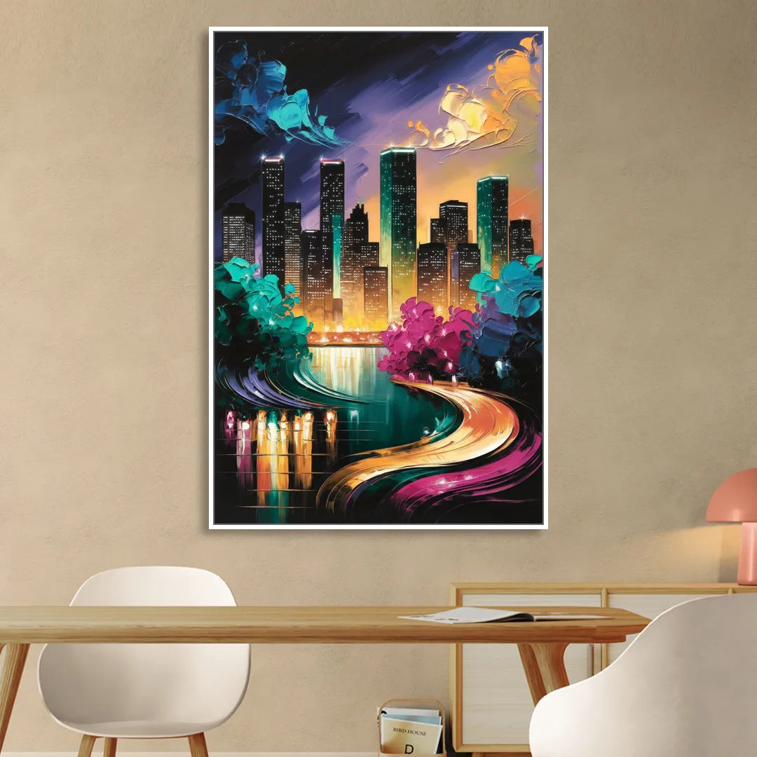 Houston Vibrant Nights Living Room - White Canvas Wall Art
