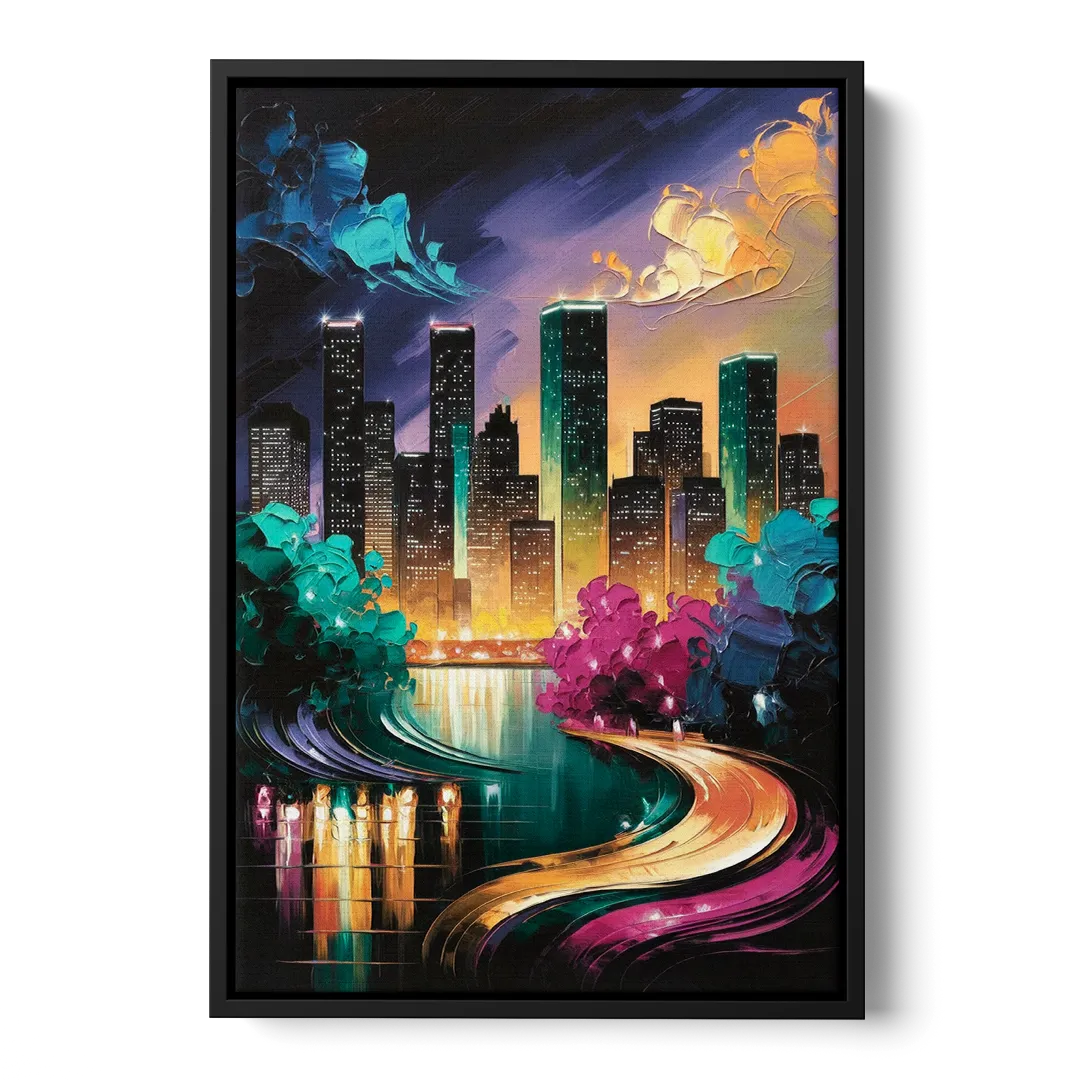 Houston Vibrant Nights Front - Black Canvas Wall Art