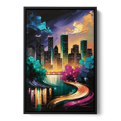 Houston Vibrant Nights Front - Black Canvas Wall Art