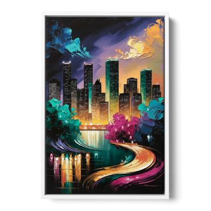 Houston Vibrant Nights Front - White Canvas Wall Art