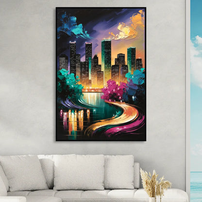 Houston Vibrant Nights Living Room - Black Canvas Wall Art