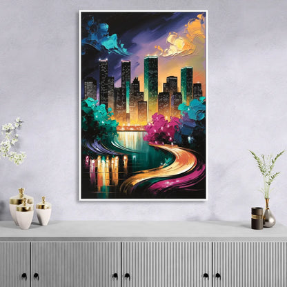 Houston Vibrant Nights Sitting Room - White Canvas Wall Art
