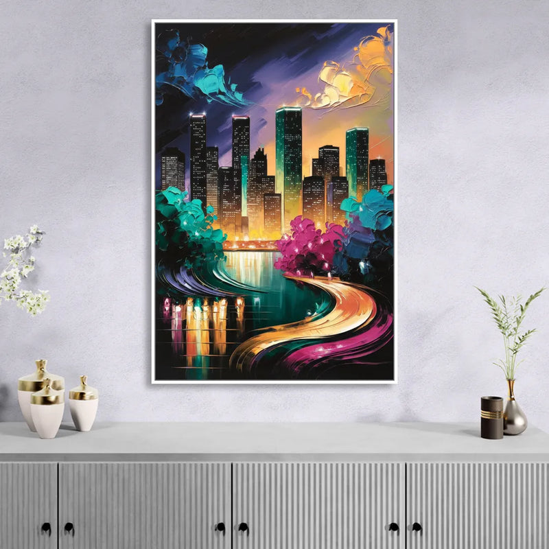 Houston Vibrant Nights Sitting Room - White Canvas Wall Art