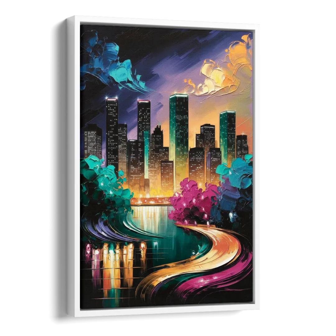 Houston Vibrant Nights Side - White Canvas Wall Art