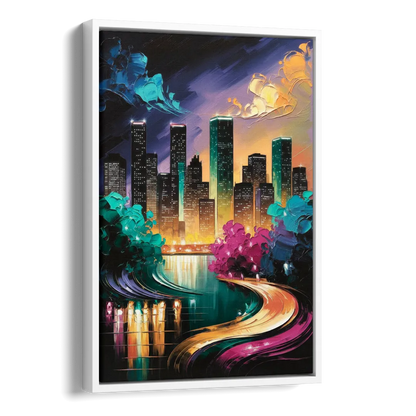 Houston Vibrant Nights Side - White Canvas Wall Art