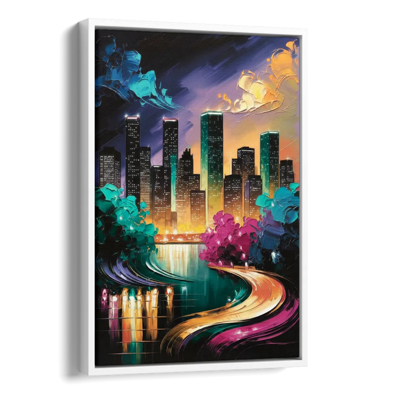 Houston Vibrant Nights Side - White Canvas Wall Art
