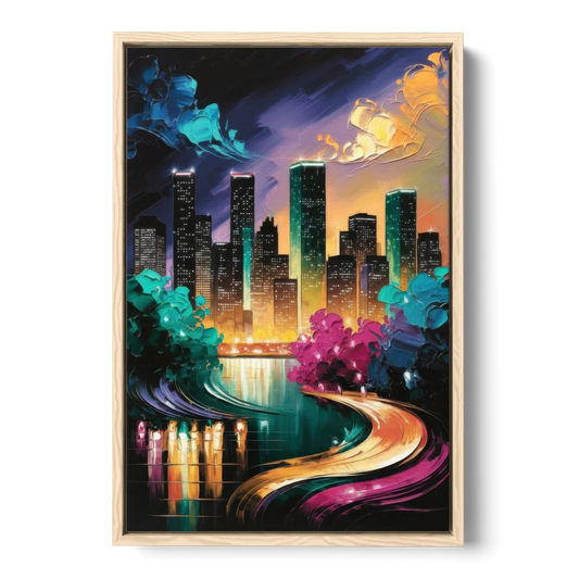 Houston Vibrant Nights - Oak Framed Canvas Wall Art - Front