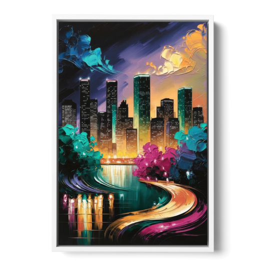 Houston Vibrant Nights - White Framed Canvas Wall Art - Front