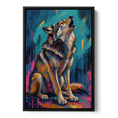 Howling Wolf Painting in Magenta and Teal - Black Framed Canvas Wall Art - Front