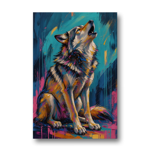 Howling Wolf Painting in Magenta and Teal - Canvas Wall Art - Front
