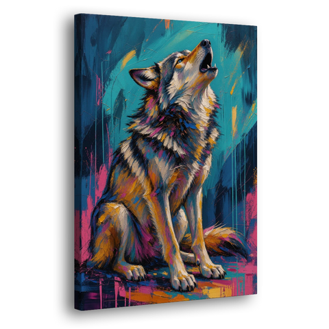 Howling Wolf Painting in Magenta and Teal - Canvas Wall Art - Side