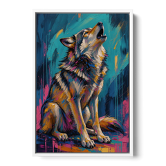 Howling Wolf Painting in Magenta and Teal - White Framed Canvas Wall Art - Front
