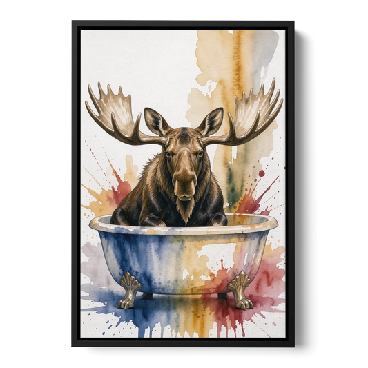 Humorous Bathroom Art Moose with Antlers Over the Tub - Black Framed Canvas Wall Art - Front
