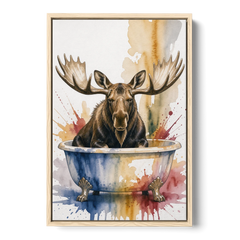 Humorous Bathroom Art Moose with Antlers Over the Tub - Oak Framed Canvas Wall Art - Front