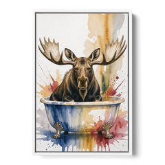 Humorous Bathroom Art Moose with Antlers Over the Tub - White Framed Canvas Wall Art - Front