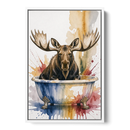 Humorous Bathroom Art Moose with Antlers Over the Tub - White Framed Canvas Wall Art - Front