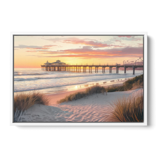 Huntington Beach Coastal Vibes - White Framed Canvas Wall Art - Front