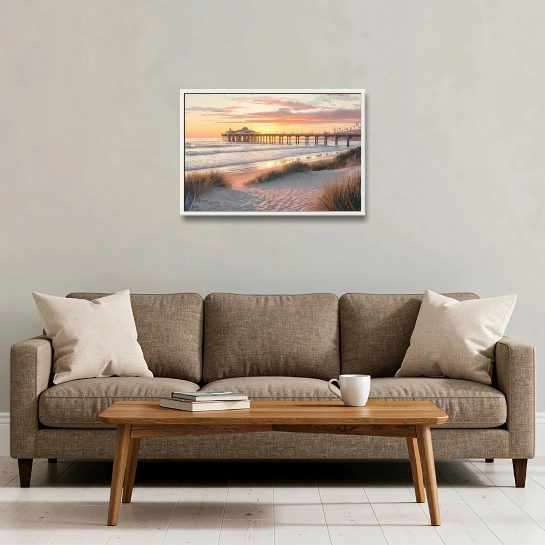 Huntington Beach Coastal Vibes - White Framed Canvas Wall Art - Sofa - 30x20