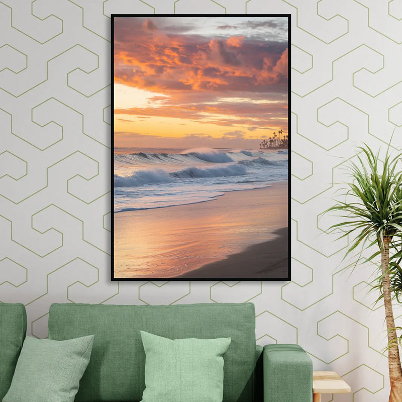 Huntington Beach Golden Hour Sitting Room - Black Canvas Wall Art