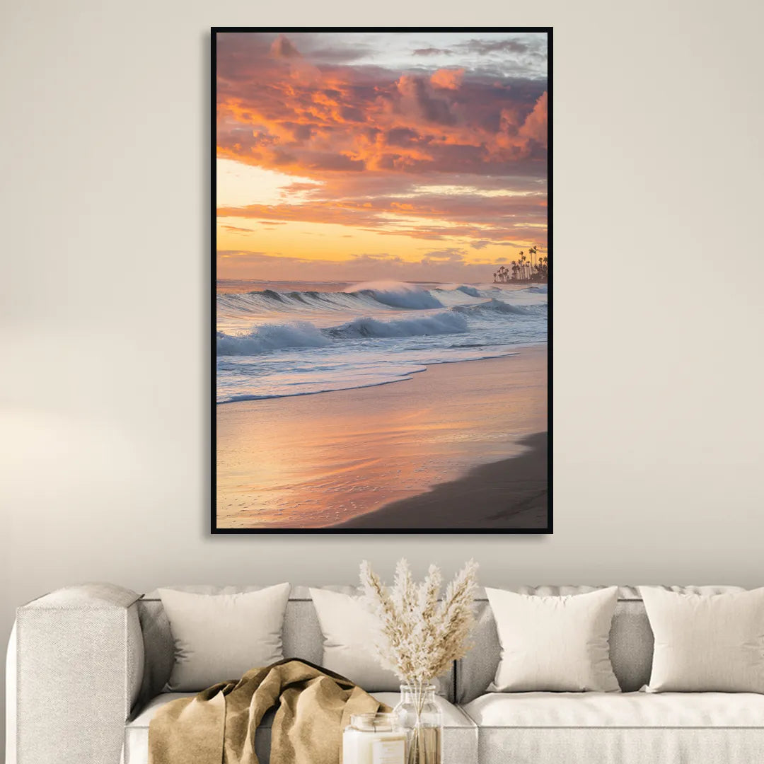 Huntington Beach Golden Hour Living Room - Black Canvas Wall Art