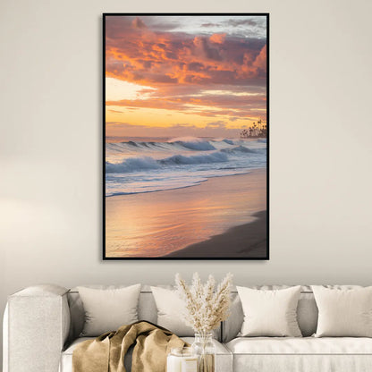 Huntington Beach Golden Hour Living Room - Black Canvas Wall Art