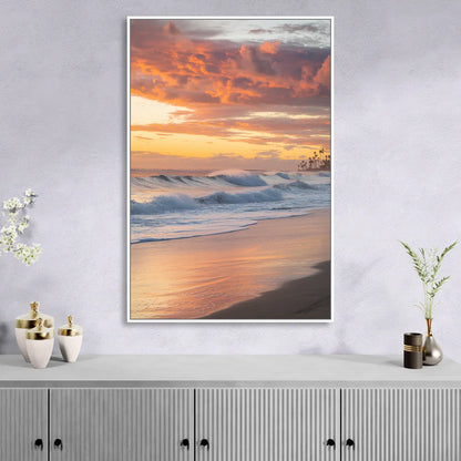 Huntington Beach Golden Hour Living Room - White Canvas Wall Art