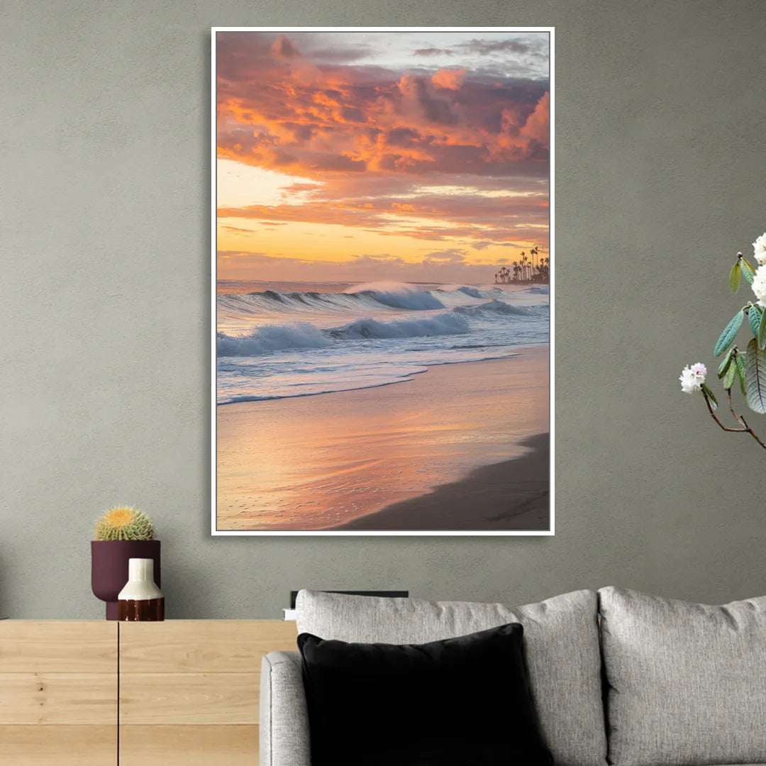 Huntington Beach Golden Hour Sitting Room - White Canvas Wall Art
