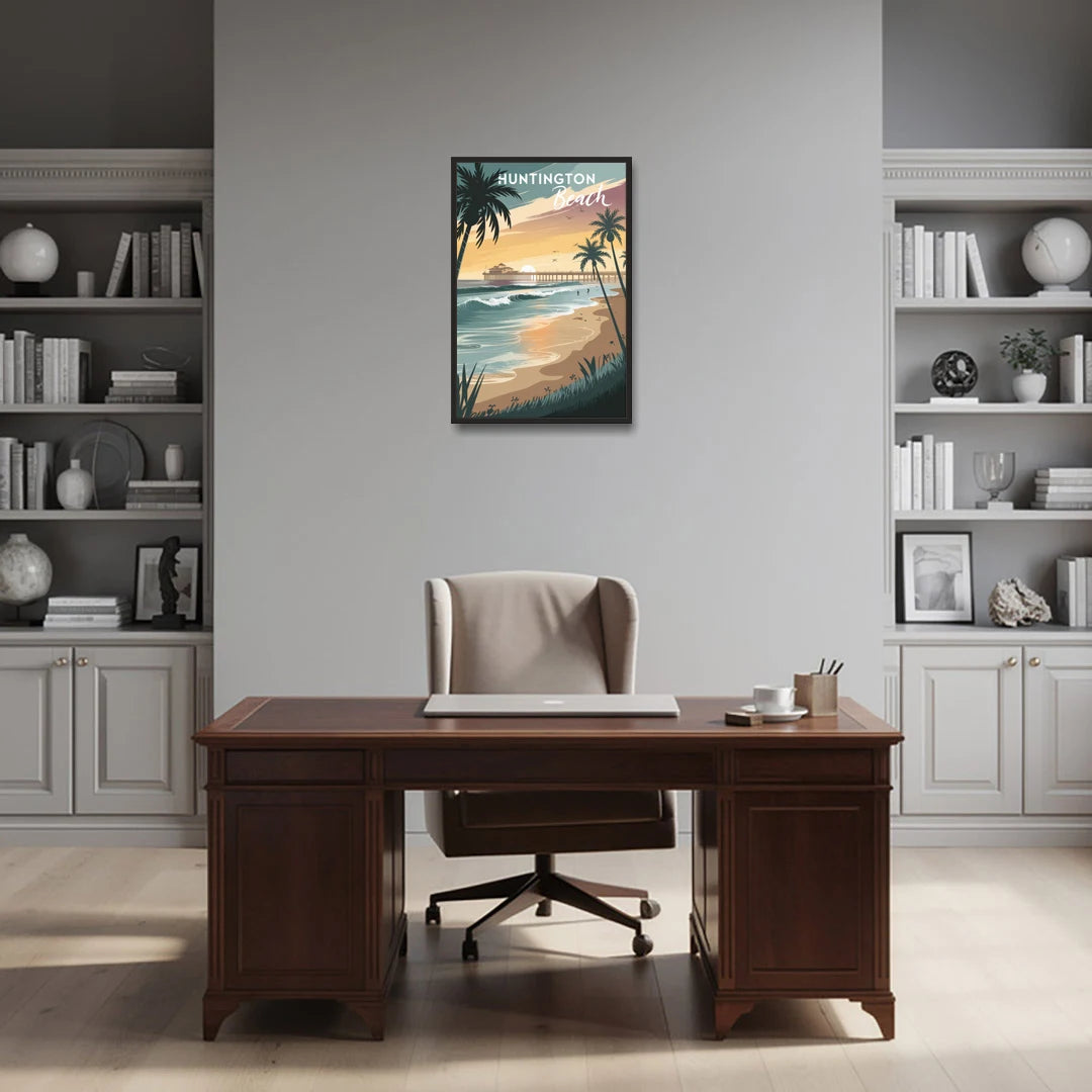 Huntington Beach Pacific Coast - Black Framed Canvas Wall Art - Office - 20x30