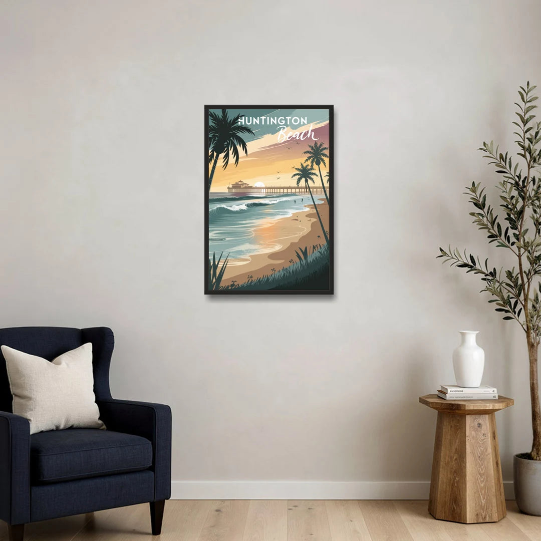 Huntington Beach Pacific Coast - Black Framed Canvas Wall Art - Sofa - 20x30