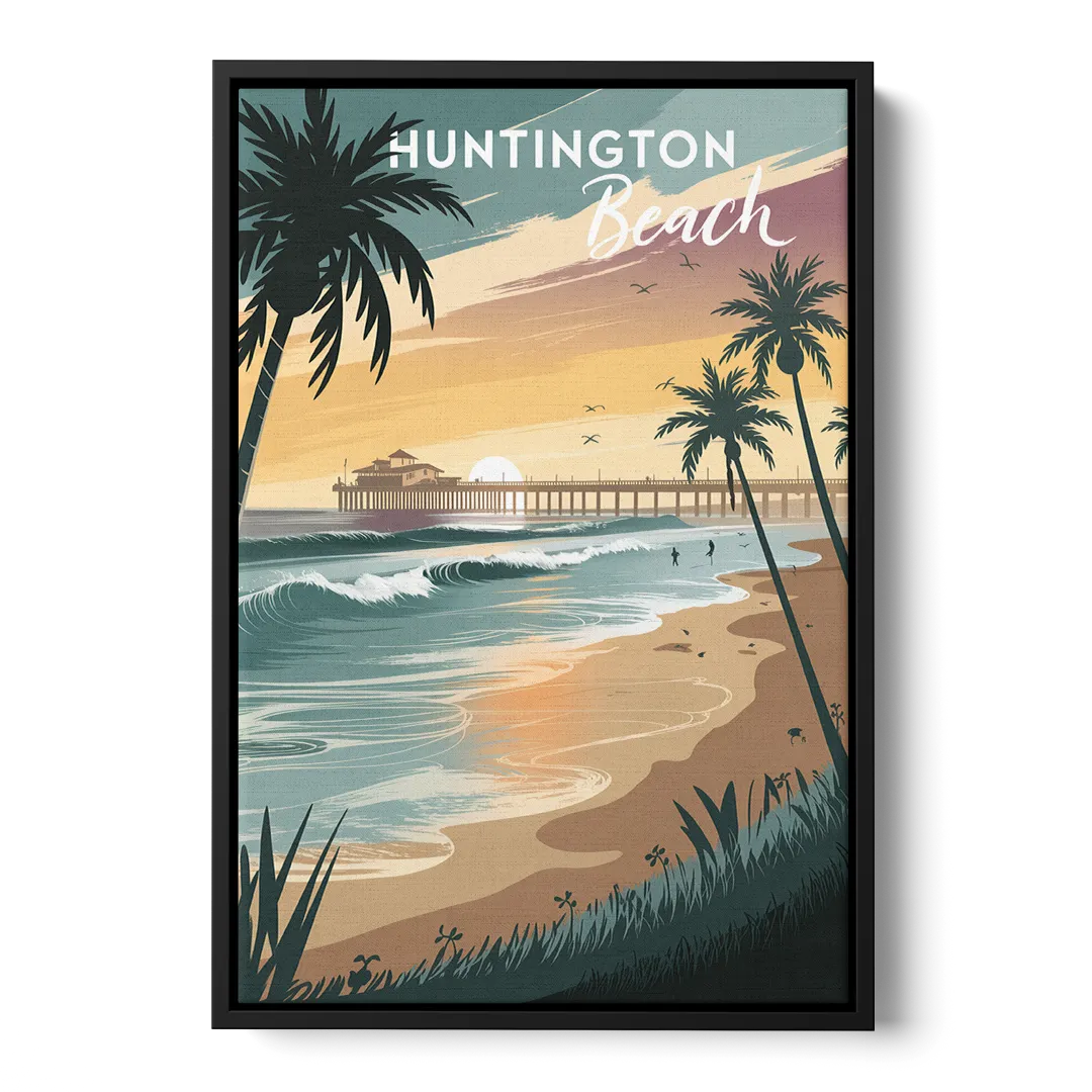 Huntington Beach Pacific Coast Front - Black Canvas Wall Art