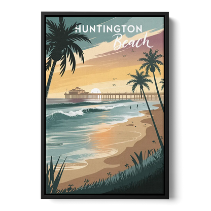Huntington Beach Pacific Coast Front - Black Canvas Wall Art