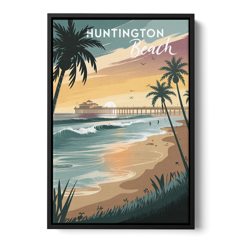 Huntington Beach Pacific Coast Front - Black Canvas Wall Art