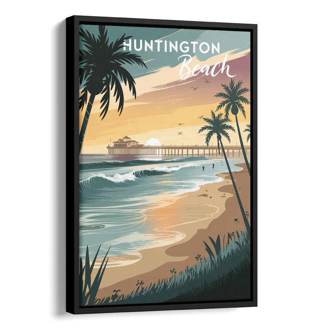 Huntington Beach Pacific Coast Side - Black Canvas Wall Art