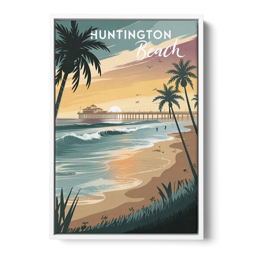 Huntington Beach Pacific Coast Front - White Canvas Wall Art