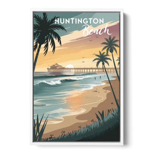 Huntington Beach Pacific Coast - White Framed Canvas Wall Art - Front
